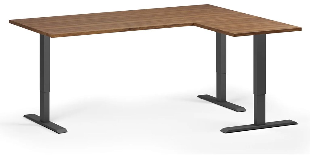Výškovo nastaviteľný stôl, 180x140 cm, 3 motory, L/P, čierna podnož, orech