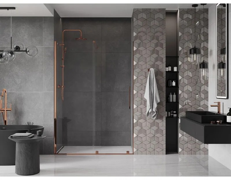 Mexen Velar, posuvné dvere do otvoru 130x200 cm, 8mm číre sklo, ružové zlato, 871-130-000-01-60