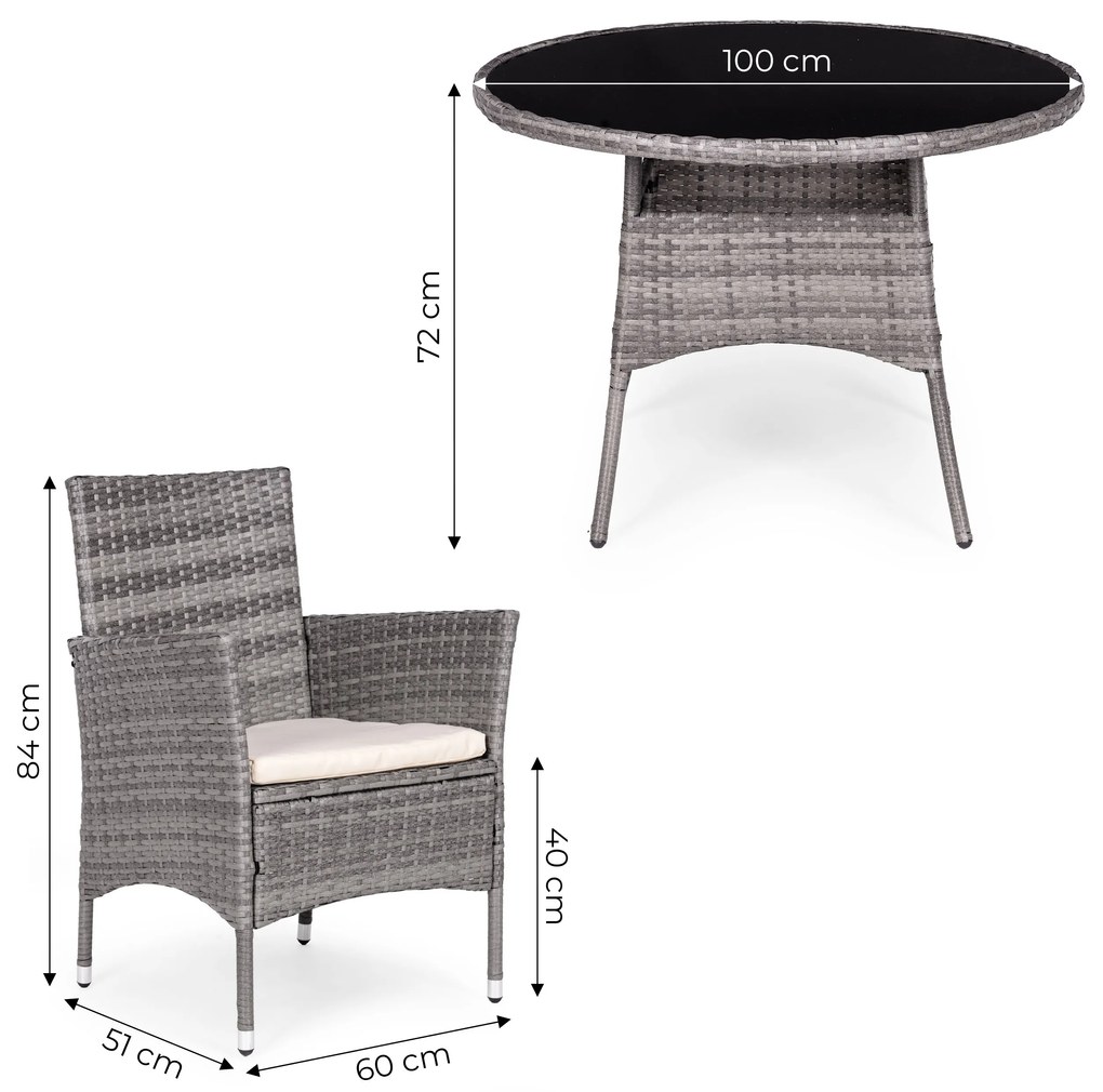 Sada záhradného nábytku z technorattanu, 4 stoličky + okrúhly stôl, MultiGarden