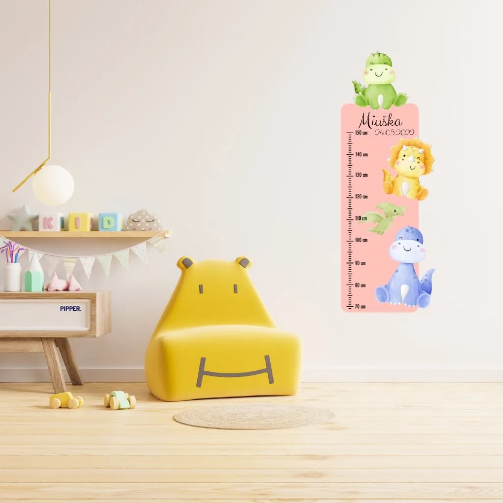 PIPPER. Textilná nálepka na stenu "Detský meter s menom - Dinosaury"