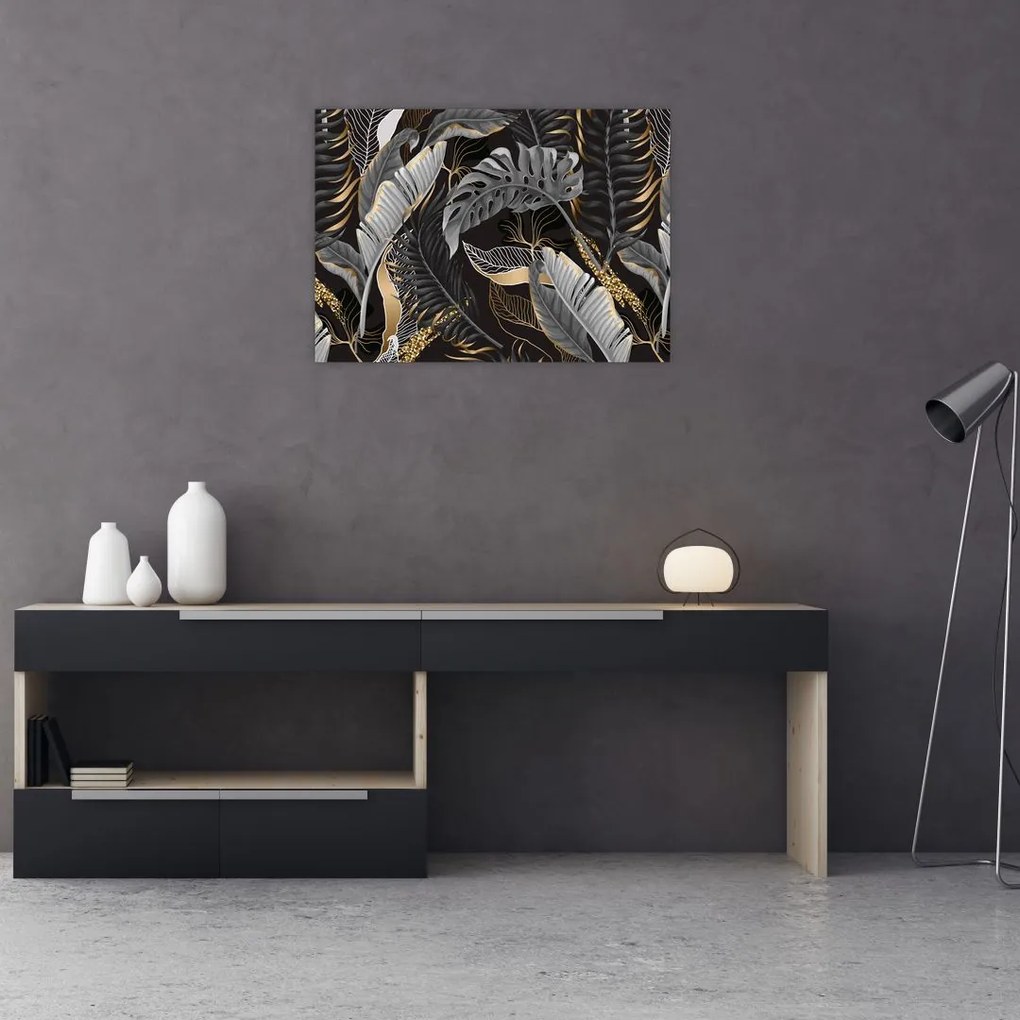 Sklenený obraz - Tropické listy v čierno-zlatej (70x50 cm)