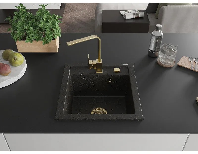 Mexen Vito, 1-komorový granitový drez 520x490x210 mm, zlatá batéria Rita, čierna-zlatá metalíza, 6503-75-670300-50