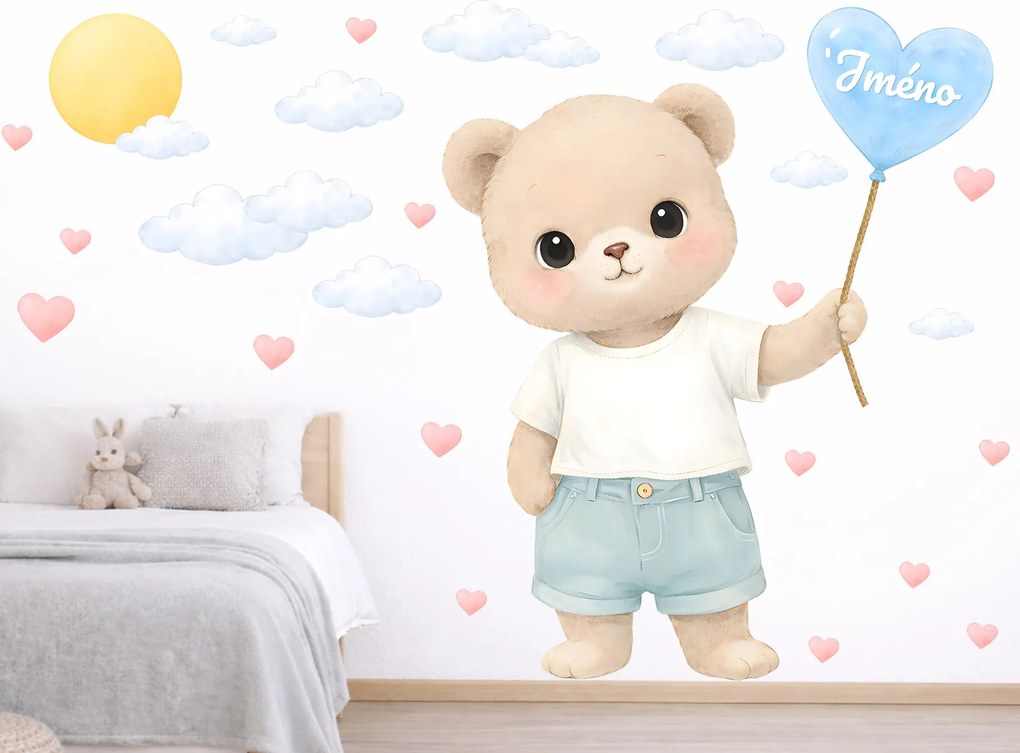 Medvedík s balónikom a menom textilní prelepiteľné nálepky na stenu hárok 37 x 46 cm