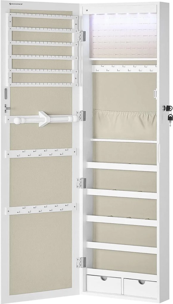 Nástenná skrinka na šperky, šperkovnica, uzamykateľná, 10 x 30 x 120 cm, biela