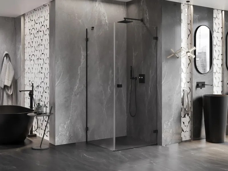 Mexen Lunar-B pravostranný výklopný sprchový kút 90 x 90 cm, číre sklo, čierna matná, 832-090-090-70-00-P