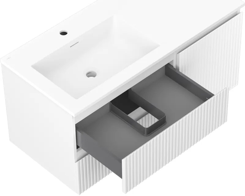 Mexen Rivel, kúpeľňová skrinka 100 cm s ľavým umývadlom Otis, 2S, 1D, drážkovaná, biela matná, 91A23-10047-3-BBFFF01-W18L01