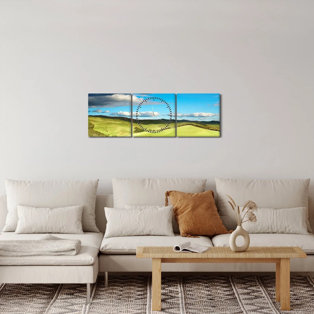 Obraz - Zelená krajina s pahorkami (s hodinami) (90x30 cm)