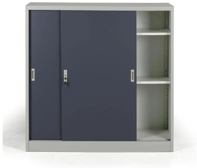 Kovová skriňa s posuvnými dverami, 2 police, 1200 x 1200 x 450 mm, tmavo sivá