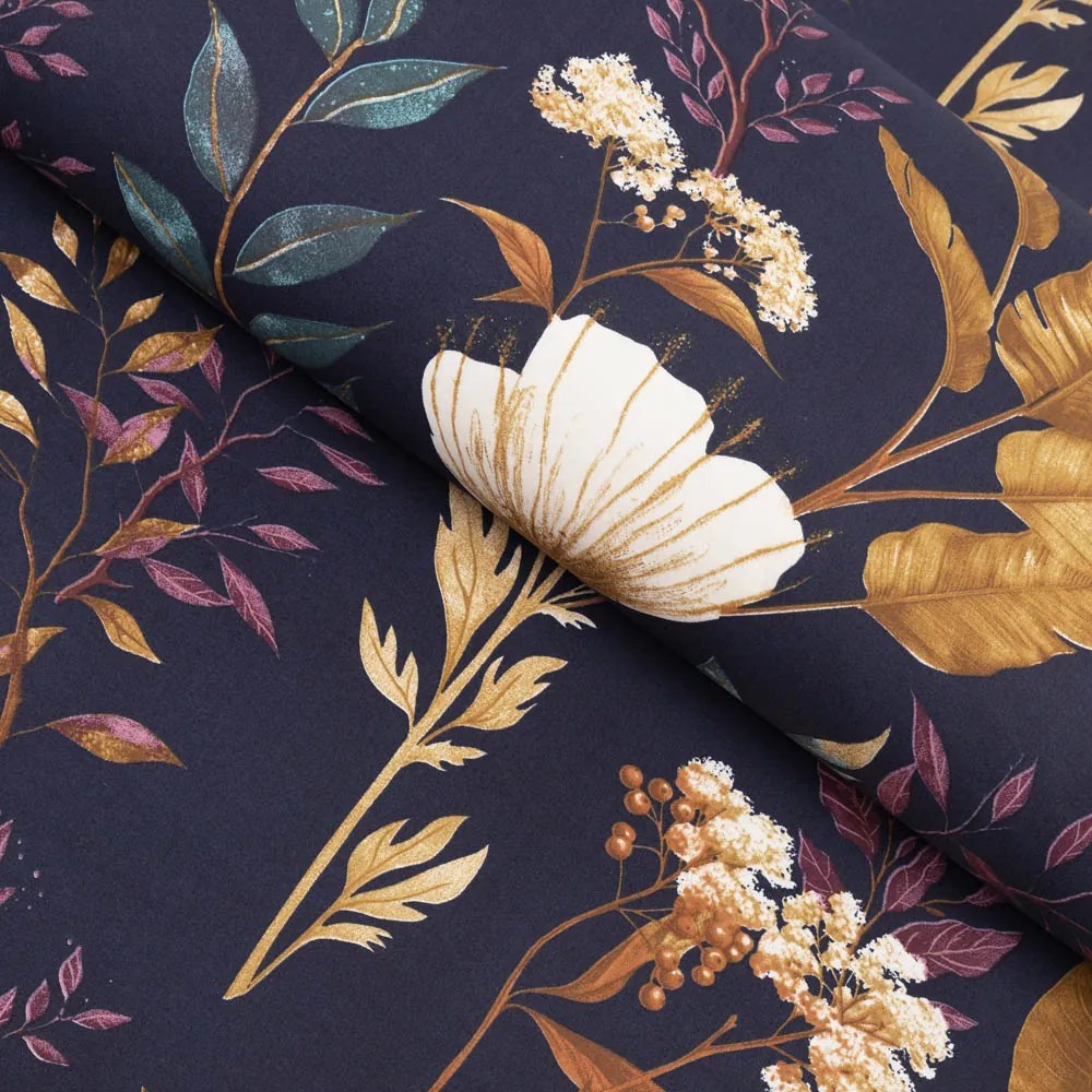 Biante Bavlnený záves Sandra SA-591 Jesenné vetvičky na tmavo modrom 150x170 cm