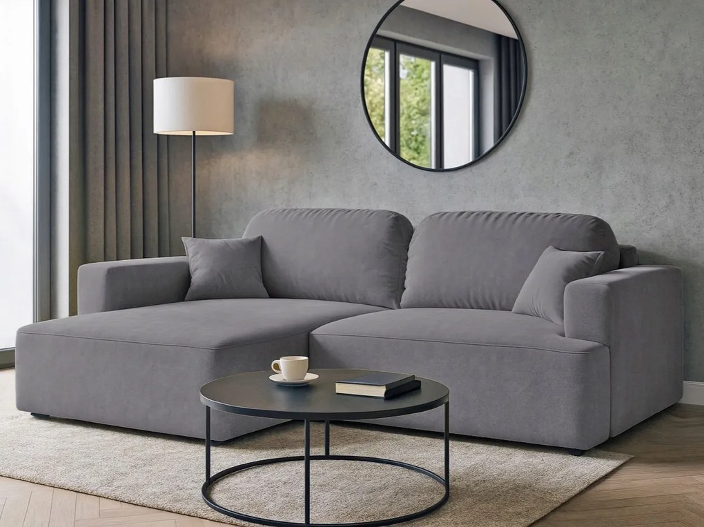 Rohová sedačka s funkciou spania Sunny ľavá s úložným priestorom na posteľnú bielizeň, tmavosivá