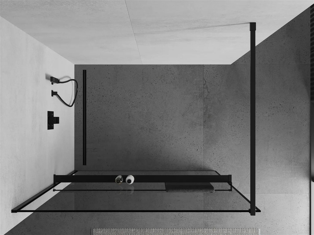 Mexen Kioto+, sprchová zástena s poličkou a držiakom na uteráky 130 x 200 cm, 8mm sklo číre sklo vzor čierny rám, čierny profil, 800-130-121-70-70