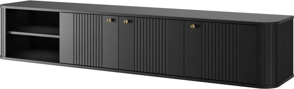 Čierna visiací RTV skrinka Vesper 187 cm s tromi dverami - zlaté úchyty