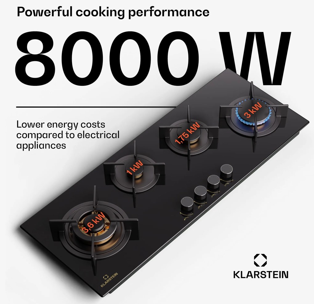 Klarstein Goldflame 4 Slim, plynová varná doska, 4 horáky, sebestačná, zemný plyn/propán, nehrdzavejúca oceľ