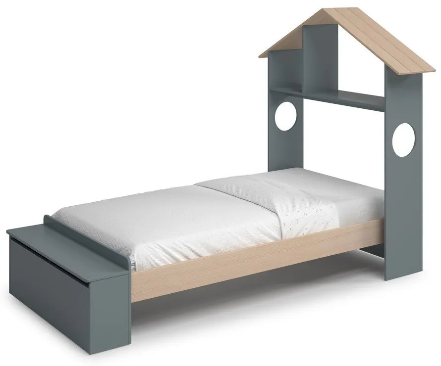 Domčeková detská posteľ v dekore borovice s úložným priestorom s roštom 90x190 cm v prírodnej farbe/sivozelená Odessa – Marckeric