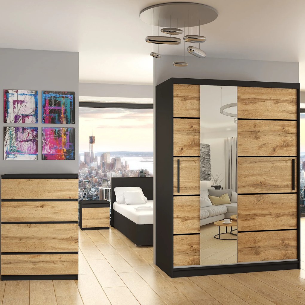 Šatníková skriňa 133 cm Belini čierny mat / dub wotan s posuvnými dverami zrkadlom a zásuvkami  MBP SZP6/1/B/DW/0/KLP