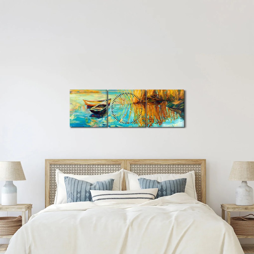 Obraz - Jazero s loďkami (s hodinami) (90x30 cm)