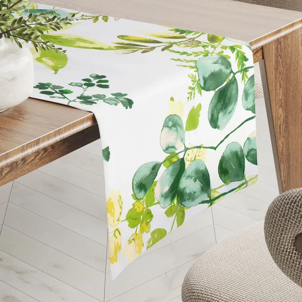 Biante Bavlnený behúň na stôl Sandra SA-244 Zelený eukalyptus na bielom 45x180 cm