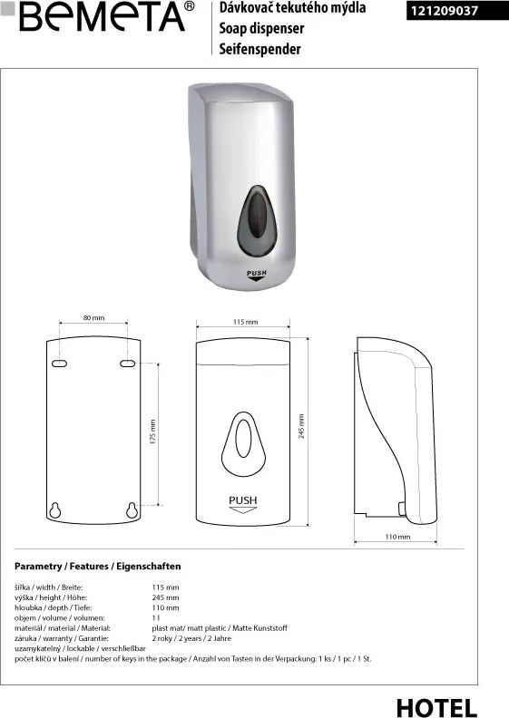 Bemeta Design Dávkovač mydla, 1000 ml, plast, sivá - 121209037