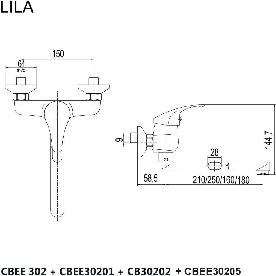 Mereo Lila, drezová nástenná batéria, 150 mm, s ramienkom plochým rovným 180 mm, chróm, MER-CBEE30205
