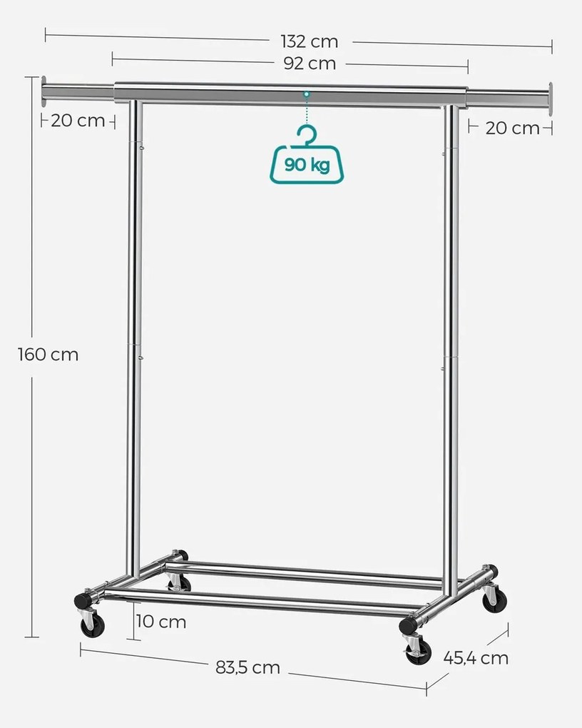 Stojan na oblečenie INEZ na kolieskach, max. 90 kg, 83,5x45x160cm, strieborná Jurhan