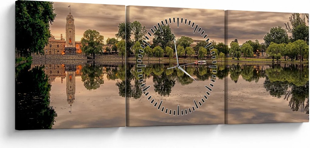 Obraz jazera a stromov (s hodinami) (90x30 cm)