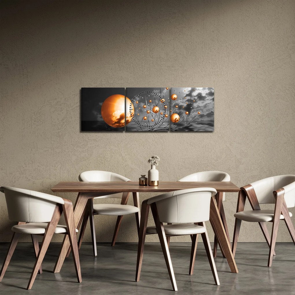 Obraz oranžových abstraktných gulí (s hodinami) (90x30 cm)