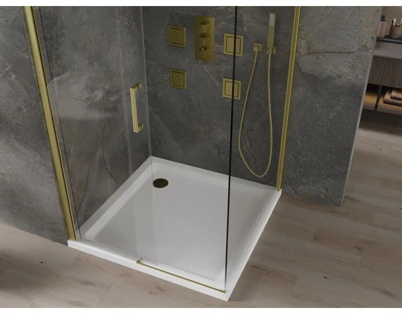 Mexen Omega, sprchovací kút s posuvnými dverami 100 (dvere) x 100 (stena) cm, 8mm číre sklo, zlatý profil + slim sprchová vanička 5cm, 825-100-100-50-00-4010