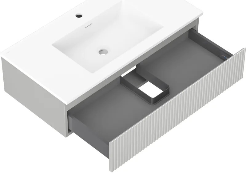 Mexen Rivel, kúpeľňová skrinka 90 cm s umývadlom Otis, 1 zásuvka, drážkovaná, sivá matná/biela, 91A20-09023-1-BF62-W18M01