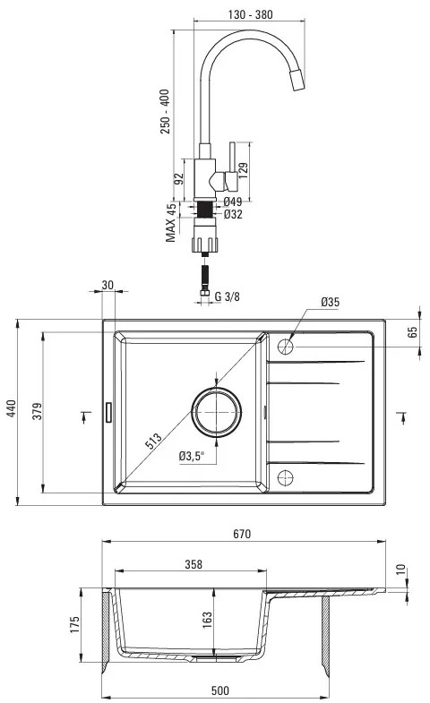 Deante Corio, 1-komorový granitový drez 670x440x175mm + flexibilná drezová batéria, čierna matná, DEA-ZRCPG113