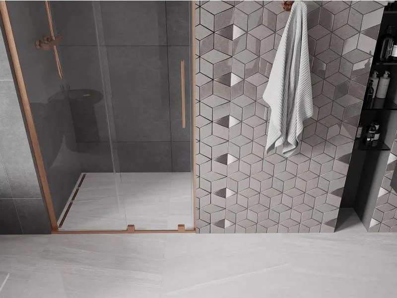 Mexen Velar L, posuvné sprchové dvere do otvoru 90 cm, 8mm číre sklo, medená matná, 871-090-003-01-65