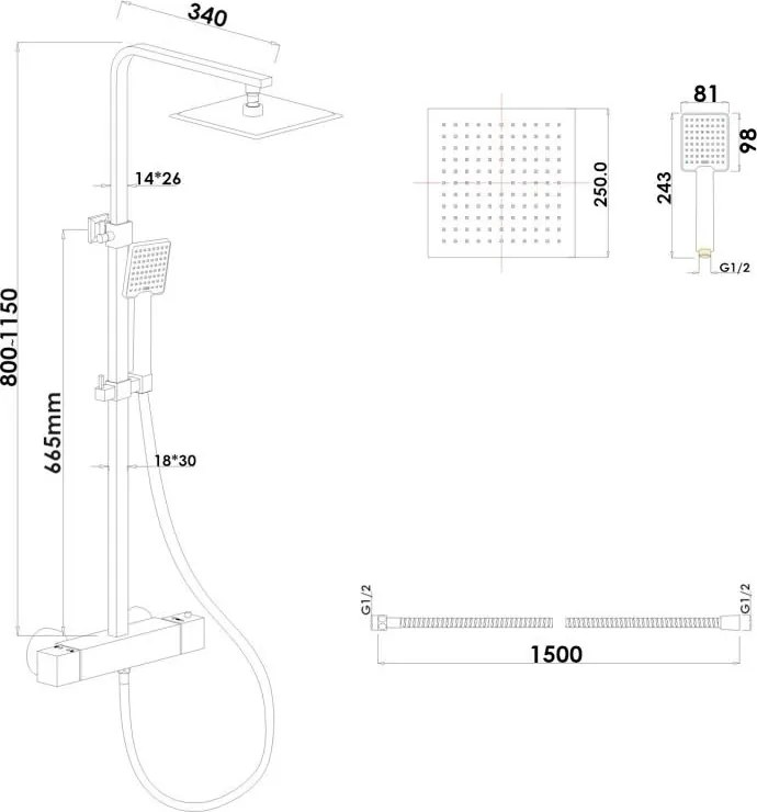 Sprchová tyč TAYLOR s ručnou a dažďovou sprchou - 25x25 cm - chrómová