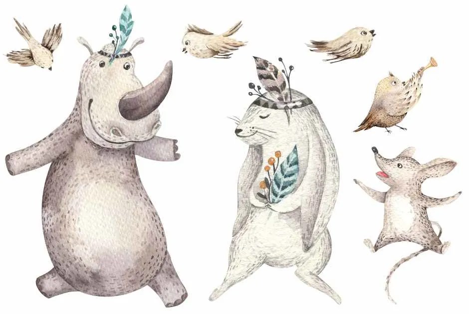 Gario Detská nálepka na stenu Forest team - nosorožec, zajačik, myška a vtáčiky Rozmery: 99 x 66 cm