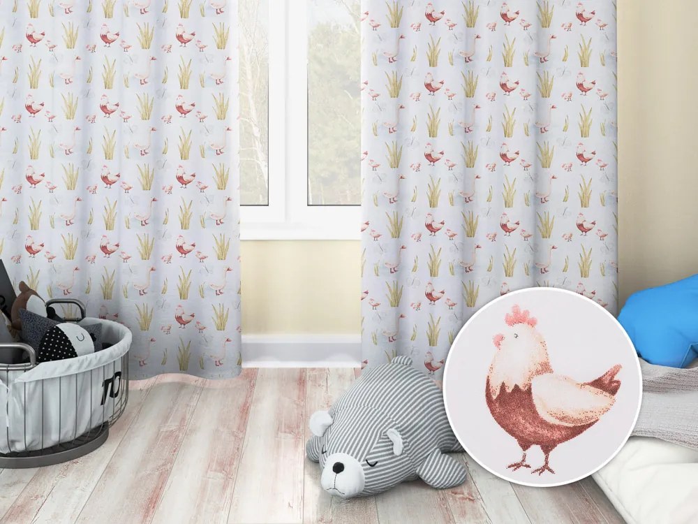 Biante Detský bavlnený záves Sandra SA-752 Sliepočky a húsky na bielom 150x250 cm