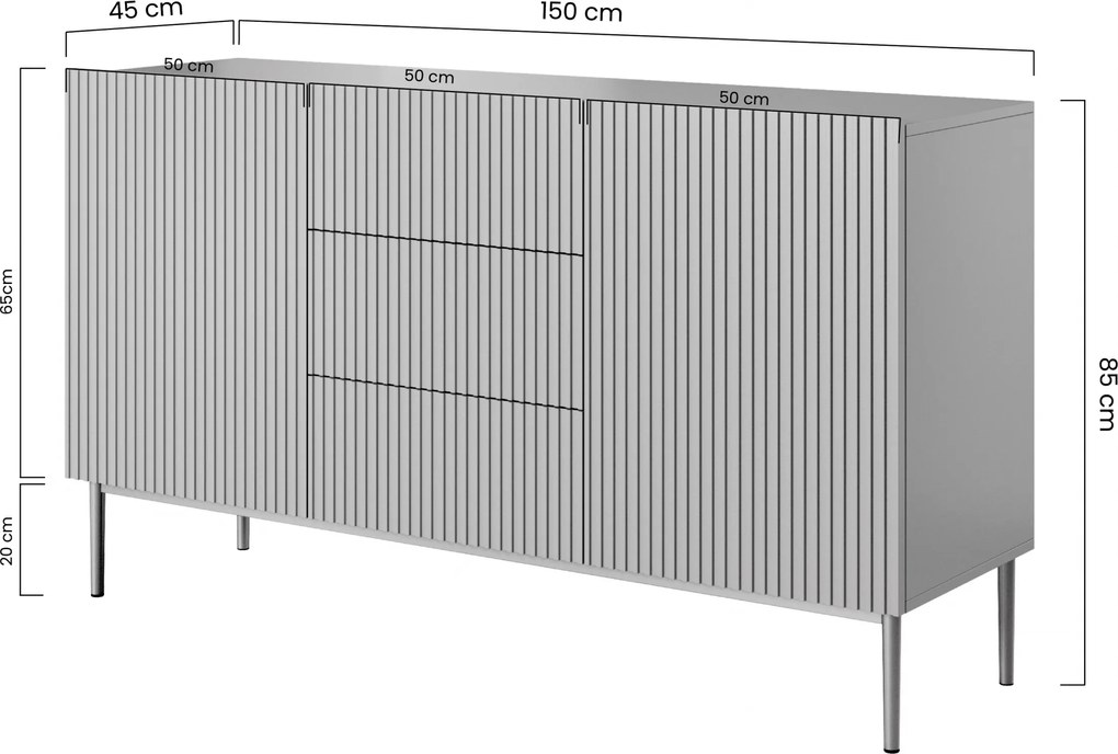 Biela komoda Nicole 150 cm so zásuvkami a ryhovaným čelom - matná biela / zlaté nohy