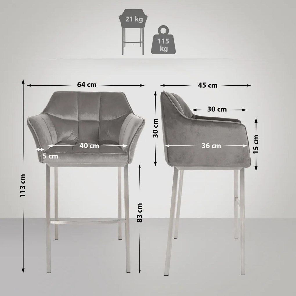 Barová stolička Damaso E - zamat, nerez 4-nohý rám - Sivá