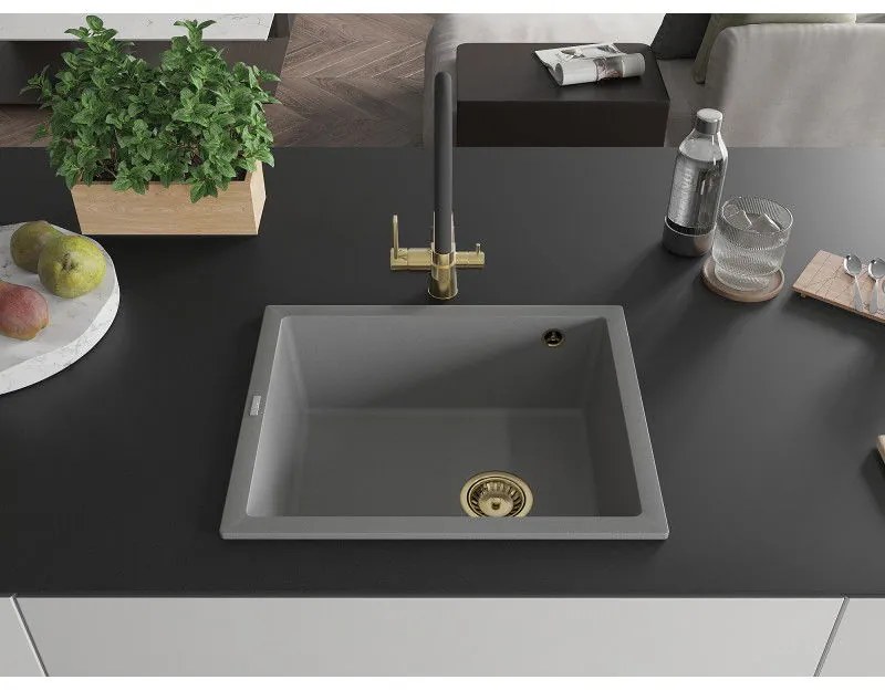 Mexen Pedro, granitový drez 560x460x200 mm, 1-komorový, šedá so zlatým sifónom, 6508561000-71-G