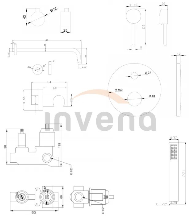 Invena Dafni, podomietková sprchová sada s dažďovou hlavovou sprchou 25cm, chróm lesklý, INV-BS-88-0O2-A