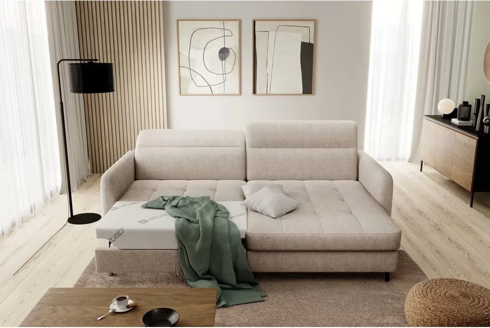 Béžová ženilková rozkladacia/s úložným priestorom rohová pohovka (pravý roh/s leňoškou) Gomsi – ELTAP