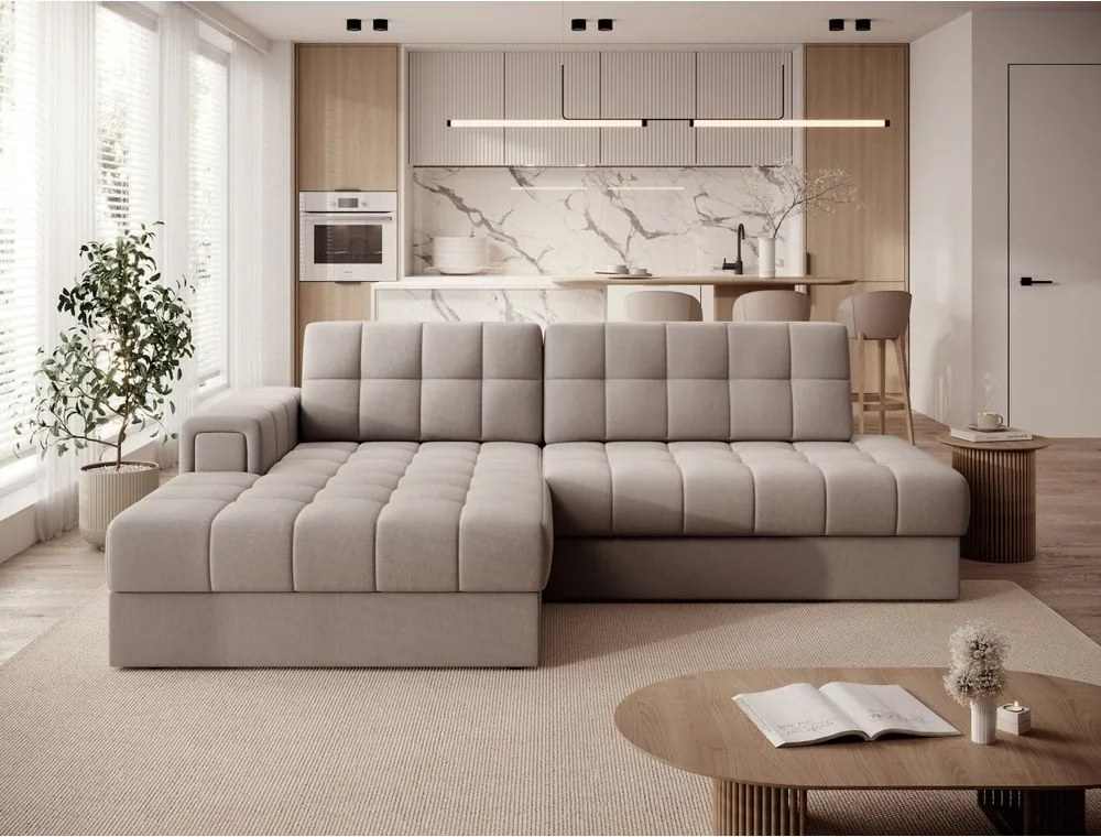 Béžová zamatová rozkladacia rohová pohovka (ľavý roh/s leňoškou) Blezalt – ELTAP