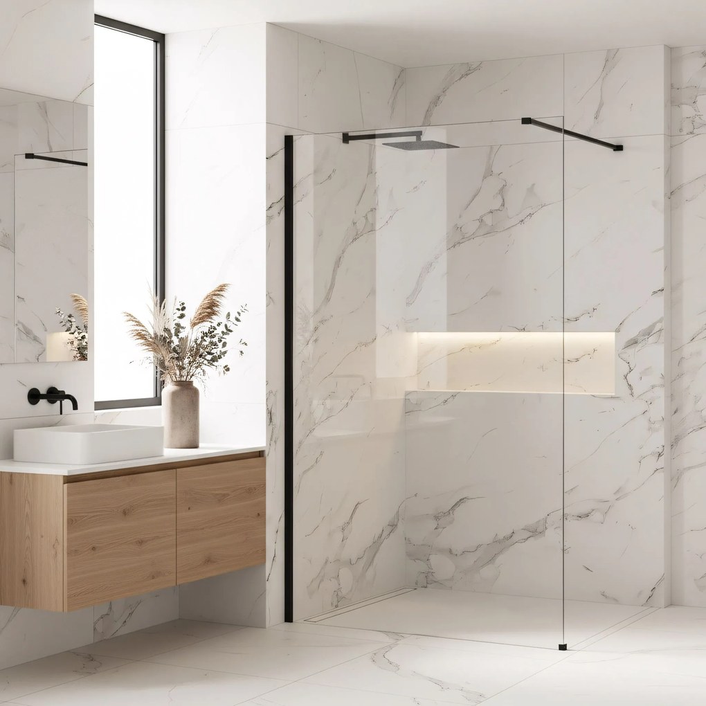 Bezrámová sprchová zástena REA FLEXI BLACK 140 cm, čierna/transparent - bez vaničky
