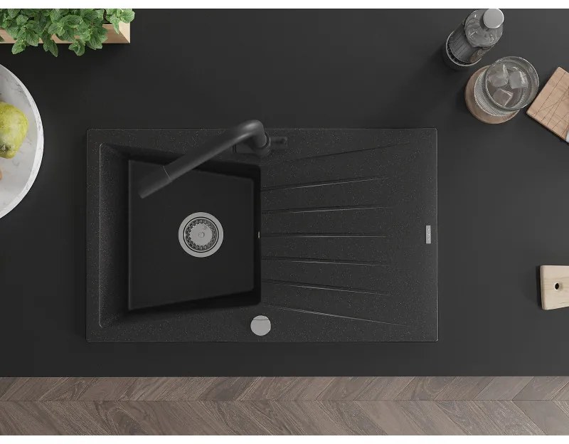 Mexen Cesar, granitový drez 775x470x190 mm, 1-komorový a čierna matná batéria Duero, čierna - strieborná metalíza, 6514-73-671600-70