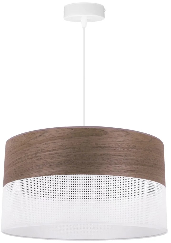 Závesné svietidlo Wood, 1x hnedá orechová dýha/biele PVC tienidlo, (fi 40cm)