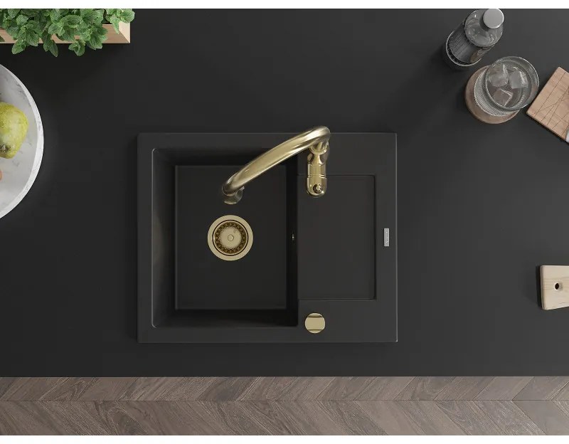 Mexen Enzo, 1-komorový granitový drez 576x465x174 mm a drezová batéria Savita, čierna, 6506-77-672601-50