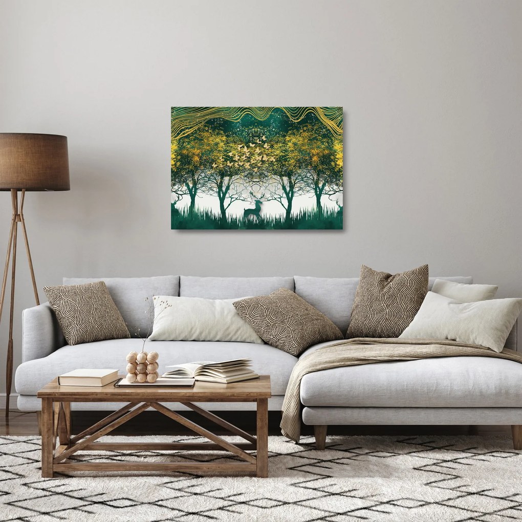 Sklenený obraz - Jelene v zelenom lese (70x50 cm)