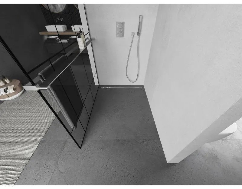 Mexen Kioto+ L, sprchová zástena Walk-In s poličkou a vešiakom 70 x 200 cm, 8mm číre sklo čierny vzor, chrómový profil, 800-070-123-01-78