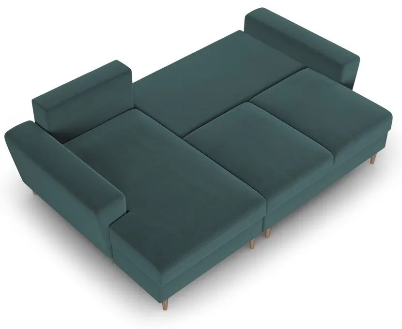 Zamatová rozkladacia/s úložným priestorom rohová pohovka v petrolejovej farbe (ľavý roh/s leňoškou) Kyoto – Cosmopolitan Design