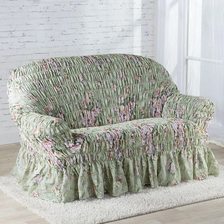 Napínacie poťahy s volánom FIORELA zelená kreslo (š. 60 - 110 cm)