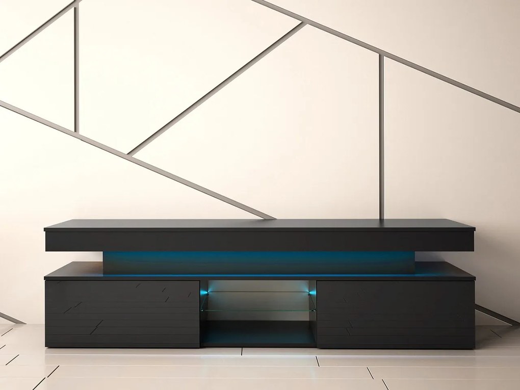 TV stolík/skrinka s LED osvetlením Lestirola 2D 190, Farba: čierna / čierny lesk