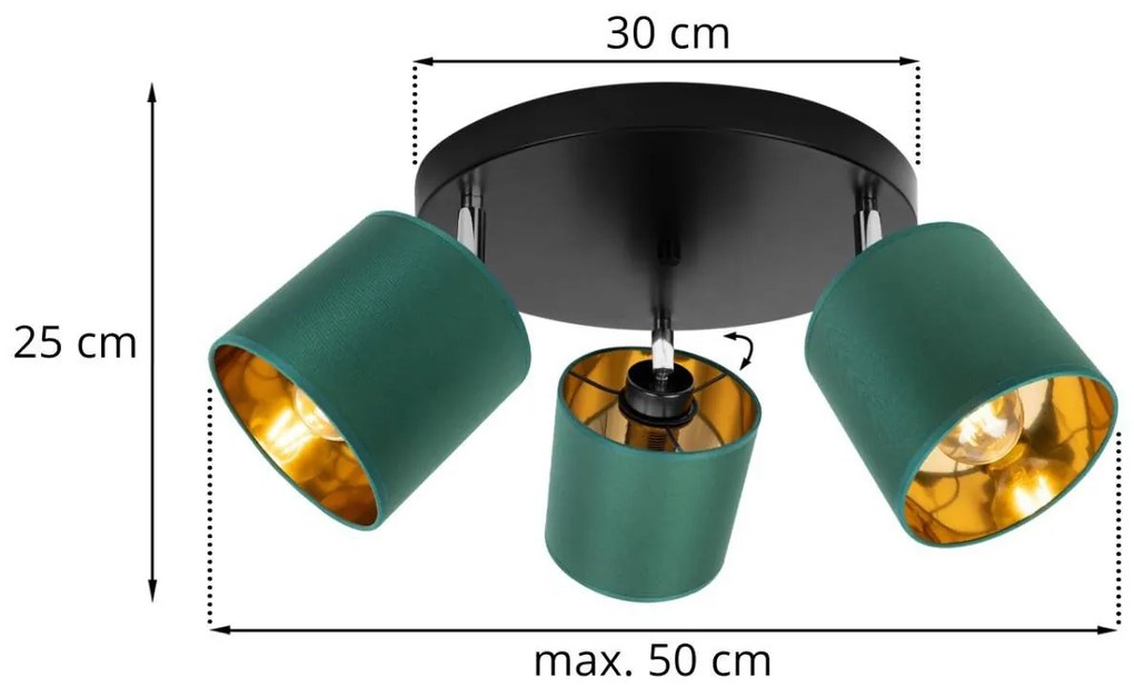 Stropné svietidlo GAMA, 3x zelené textilné tienidlo, (možnosť polohovania), O