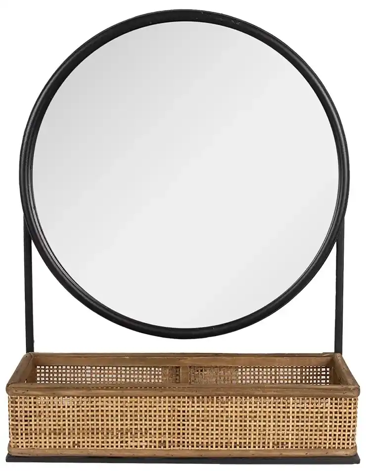 Čierno-hnedé nástenné zrkadlo s priehradkou s výpletom - 40*12*51 cm | BIANO